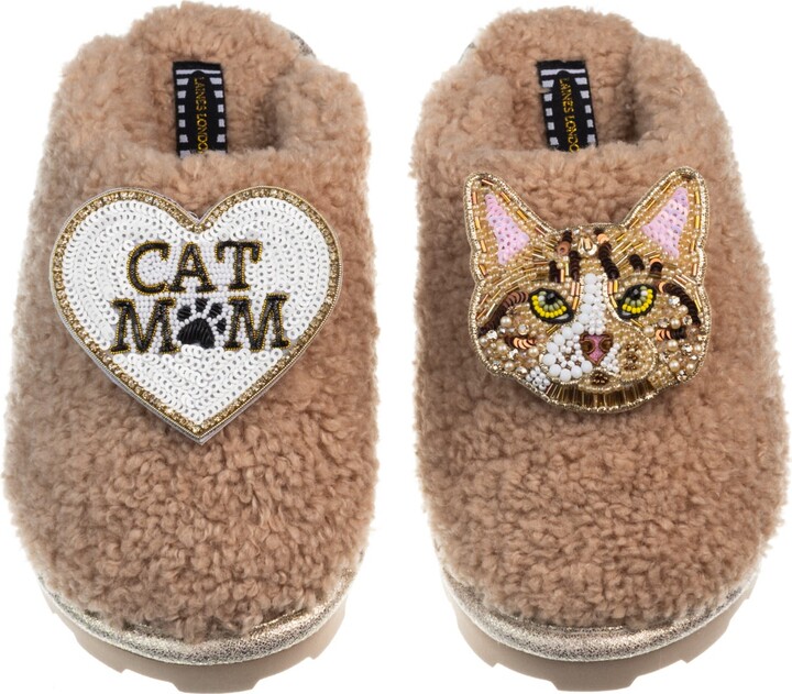 Laines London Brown / Neutrals Teddy Closed Toe Slippers With Tabby The Ginger Cat & Cat Mum / Mom Brooches - Toffee