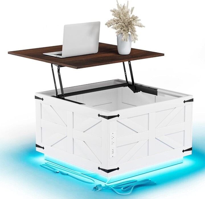 ANGDUO Lift Top Coffee Table with Power Outlets and Storage Farmhouse Square Rustic Center Table for Living Room, LED Lights, Hinged
