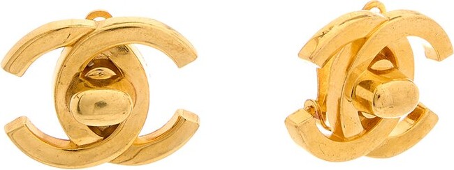Chanel Light Gold Ribbon Bow CC Crystal Piercing Earrings - 2 Pieces