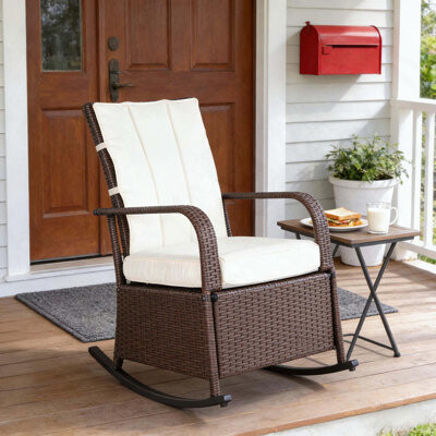 East Urban Home Outdoor Rocking Rattan Recliner with Red Cushions