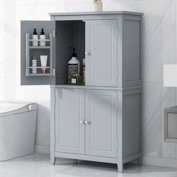 CAVINAS LLC CAVINASElegantBathroomStorageCabinetwith4Doors&AdjustableShelvesOversizedFreestandingCabinetsBathroomOrganizersandStorageGray