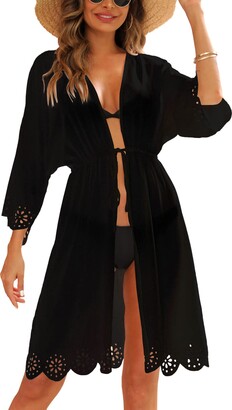 Kimono Cardigans Women Summer Robe Black Cover Ups Long Beach Open Front  Bikini Swimsuit CoverUps with Drawstring at  Women's Clothing store