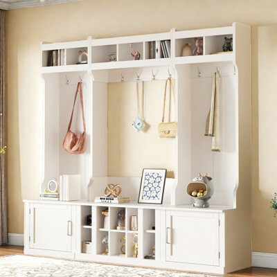 4-in-1 Multi-functional Hall Tree With Coat Rack, Bench, Shoe Cubbies And Open Compartments