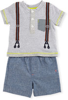 Thumbnail for your product : Miniclasix Short-Sleeve Striped Henley Tee w/ Chambray Shorts, Gray, Size 6-24 Months