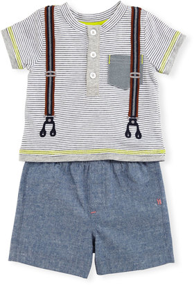 Miniclasix Short-Sleeve Striped Henley Tee w/ Chambray Shorts, Gray, Size 6-24 Months