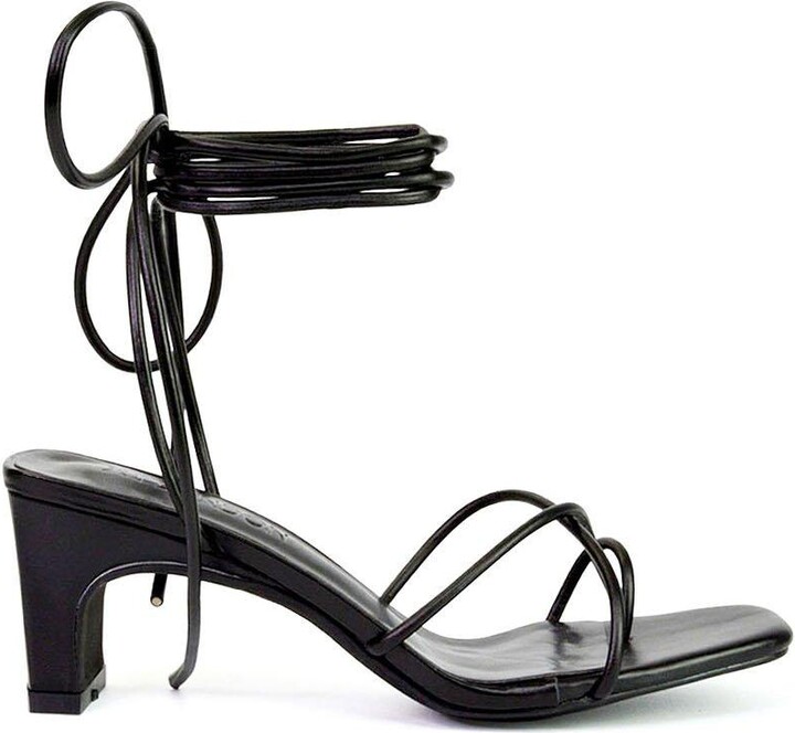 XY London 'Atlas' Lace Up Strappy Thin Mid Block Heel Square Toe