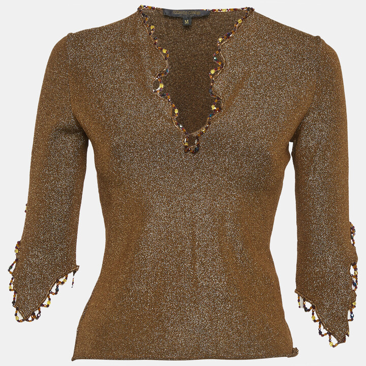 Roberto Cavalli Gold Lurex Knit Bead Trim Long Sleeve Top M