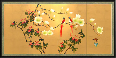 Oriental Furniture Love Birds on Traditional Gold Leaf