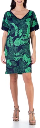 24seven Comfort Apparel Women's Loose Fit Casual Leaf Print Above Knee Length T-shirt Dress