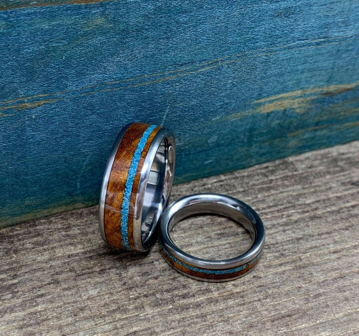 Etsy Matching Wedding Bands - His & Hers Titanium Rings With Wood & Turquoise