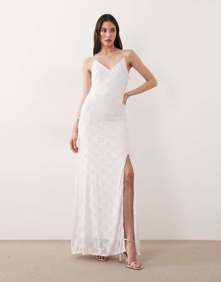 Y.A.S tie back textured sequin cami maxi dress in gardenia white
