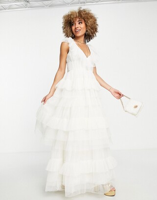 Lace & Beads Prom tiered tulle maxi dress in ivory