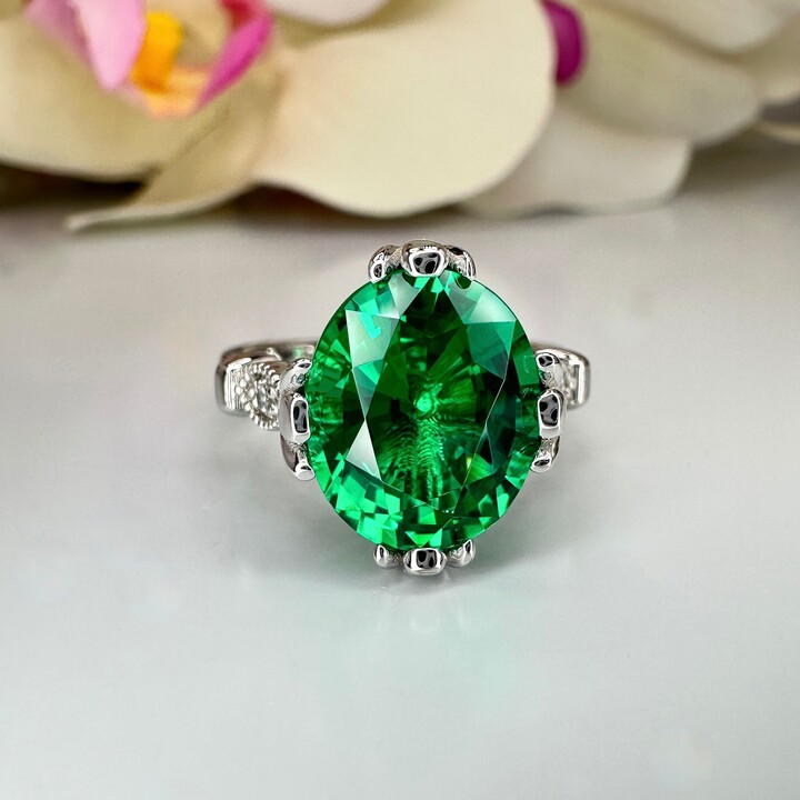 Etsy Oval Emerald Engagement Ring With Diamond Accents Vintage Style Ring Ladies in 14K Yellow Gold #5963