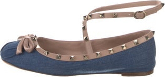 Valentino Satin Flats Blue Colorblock Pattern Rockstud Accents Leather Trim Studded & Bow Accents Semi-Pointed Toes Wrap-Around Straps & Buckle Closure at Ankles Designer