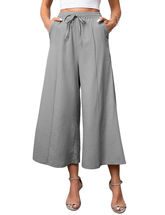KTILG Wide-Leg Women Linen Pants Culottes Casual Loose Fit Trousers Cotton  High-Waisted Drawstring Cropped Jogging Pants Grey - ShopStyle