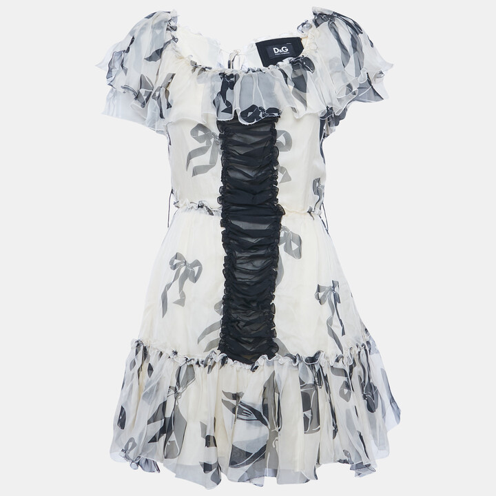 Dolce & Gabbana Cream Bow Print Silk Ruffle Mini Dress S
