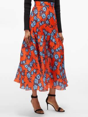 Carolina Herrera Floral-print Gathered Silk-gazar Mid Skirt - Womens - Orange Multi