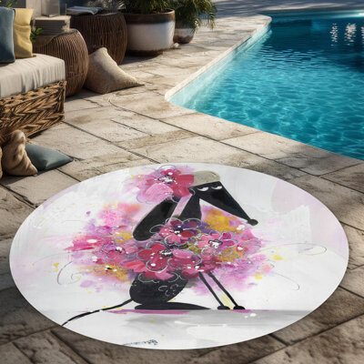Begin Edition International Inc. Cartoon Dog with Pink Flowers - Round Outdoor Area Rug