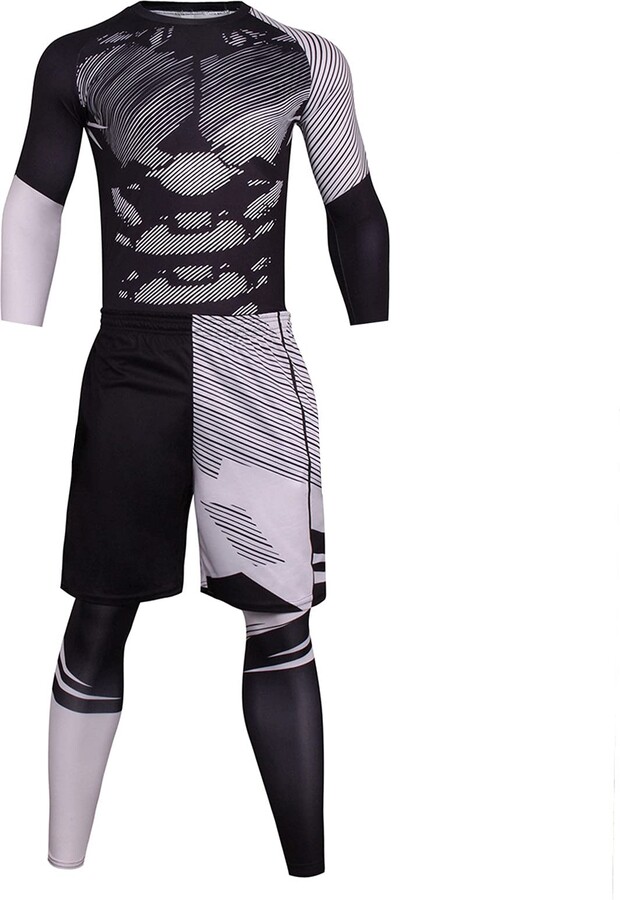 Fossean Men's Workout Set Compression Shirt And Pants Gym Tights