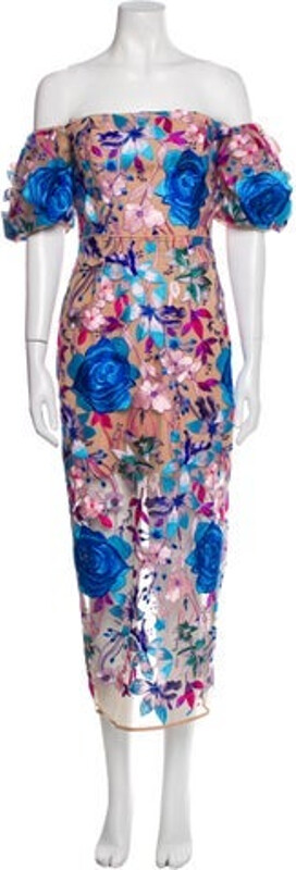 Milly Dress Neutrals Floral Print Ruffle, Embroidered & Mesh Accents Short Sleeve with Off-The-Shoulder Concealed Zip Closure at Back Designer