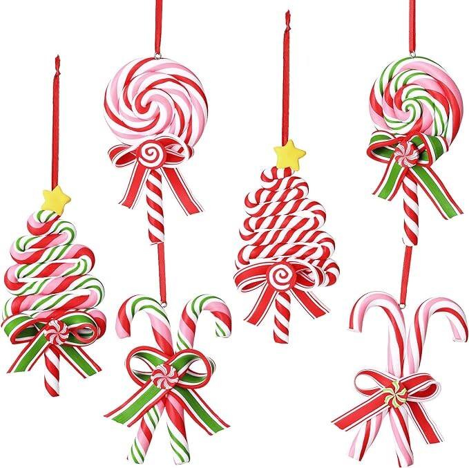 6 Pieces Christmas Candy Ornaments Lollipop Ornament Candy Cane Hanging Decor Peppermint Christmas Tree Decoration Fake Candy Canes Crafts for Xmas Wreath Party Supplies Red and White (Basic Style)