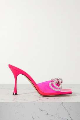 MACH & MACH Double Bow Crystal-embellished Neon Pvc And Patent-leather Mules - Pink