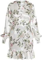 Thumbnail for your product : PrettyLittleThing White Satin Floral Plunge Frill Hem Bodycon Dress