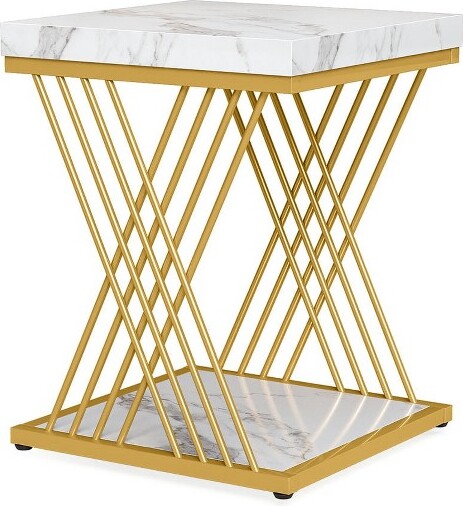 ResenkosSofaSideEndTable,EndTable,CouchTable,SquareEndTable,2-TierSideTableModernBedsideTable,White&Gold