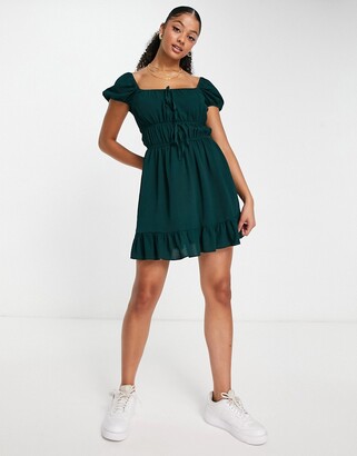 ASOS Tall ASOS DESIGN Tall elasticized channel babydoll mini dress in bottle green