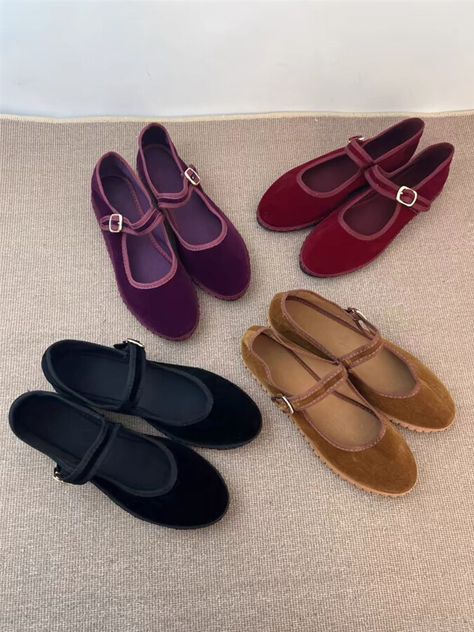 IEKROPOT Velvet Mary Jane Shoes for Women Hand Stitch Casual Streetwear Ballet Flats Pumps Female Solid Color Red Cloth Shoes Loafers