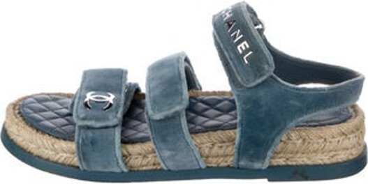 Chanel Velvet Sandals From the 2022 Collection by Virginie Viard Blue & Neutrals Interlocking CC Logo & Quilted Pattern Jute & Lambskin Trim Multistrap & Velcro Closure at Uppers Includes Dust Bag Designer