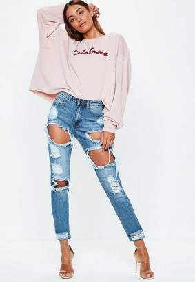 Missguided Blue High Rise Ripped Rigid Jeans