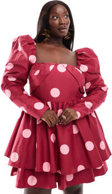ASOS LUXE Curve cotton sateen structured skater mini dress in polka dot print