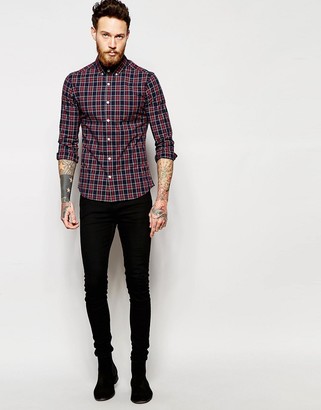ASOS Skinny Shirt in Navy Plaid Check with Long Sleeves