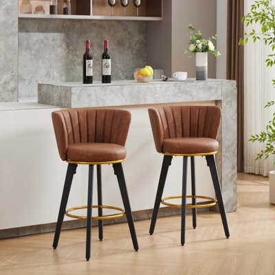 Counter Height Bar Stools Set Of 2, 360° Swivel Upholstered Barstools With Backs And Metal Legs, H Seat Height, Velvet Fabric