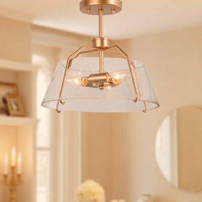Mercer41 3-Light Mini Semi-Flush Mounted Ceiling Light for Foyer Hallway Stairwell Kitchen Gold with Seeded Glass