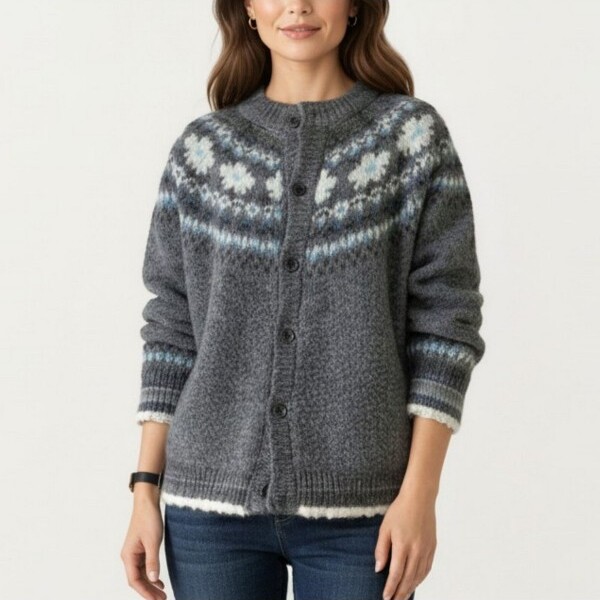 Anna-KaciWomen'sButtonFrontKnitCardiganwithCrewNecklineandNordicInspiredPatternDetail-OneSizeFitsMostGray