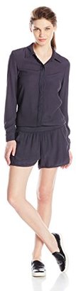 Monrow Women's Crepe Long Sleeve Romper with Shorts