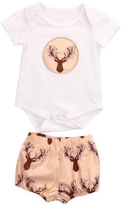Mrs.Baker'Home 2 Styles Infant Boys Girls Deer Blooms Applique Romper+ Shorts 2pcs Outfits Set (6-12 M, )