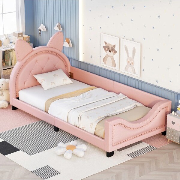 WhisenTwinSizeUpholsteredDaybedwithCartonEarsShapedHeadboard-Pink