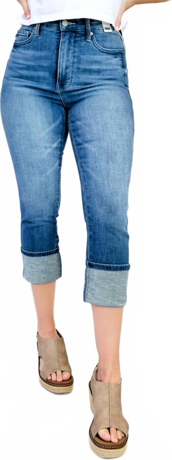 Judy Blue High Waist Tummy Control Cuff Capri Jeans In Medium Blue