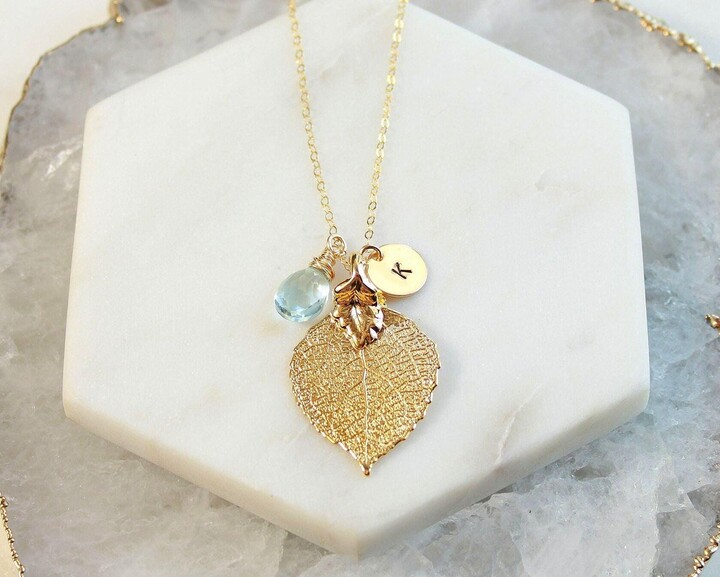 Etsy Personalized Leaf Necklace Sterling Silver Birthstone Charm Initial Tag