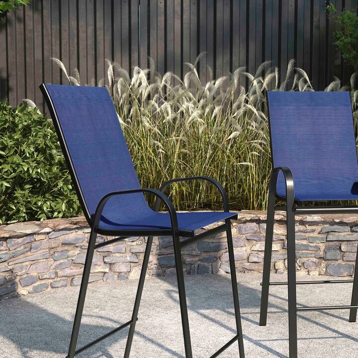 Merrick Lane Manado Series Metal Bar Height Patio Chairs with Navy Flex