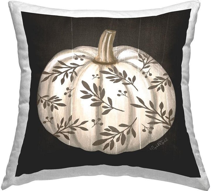 Rustic White Pumpkin Leaf Sprig Pattern Black Floral Polyester 18in. X 18in. Throw Pillow