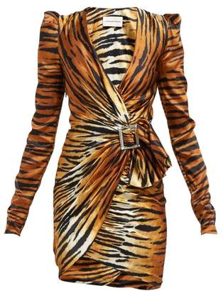 Alexandre Vauthier Tiger Print Crystal Buckle Silk Blend Mini Dress - Womens - Brown Print