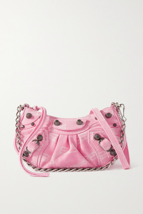 Balenciaga Le Cagole Mini Studded Printed Denim Shoulder Bag Pink