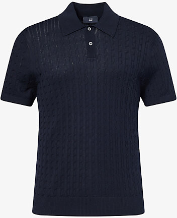 Dunhill Mens House Navy Cable-Knit Short-Sleeves Cotton and Silk Polo Shirt M