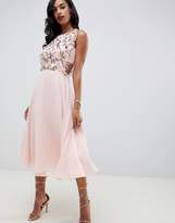 Thumbnail for your product : ASOS Design DESIGN midi dress with pinny bodice in 3D floral embellishment
