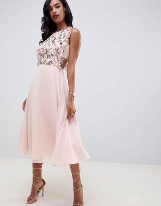 ASOS Design DESIGN midi dress with pinny bodice in 3D floral embellishment