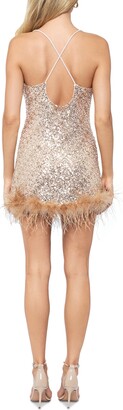 Blondie Nites Juniors' Sequined Feather-Trim Sheath Dress